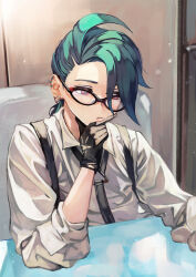 Rule 34 | 1girl, black-framed eyewear, black gloves, black necktie, closed mouth, collared shirt, commentary request, creatures (company), desk, earrings, game freak, glasses, gloves, green hair, hand on own chin, highres, indoors, jewelry, long hair, looking down, necktie, nintendo, otsudou, pokemon, pokemon sv, rika (pokemon), shirt, sitting, sleeves rolled up, solo, stroking own chin, stud earrings, suspenders, table