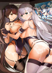 Rule 34 | 2girls, absurdres, alternate costume, aqua eyes, artist name, ass, azur lane, back, bare shoulders, black choker, black gloves, black legwear, breasts, brown eyes, brown hair, choker, cleavage, collarbone, cum, cum on ass, cum on body, cum on breasts, cum on lower body, cum on upper body, earrings, gloves, hair ornament, hand on hand, highres, holding hands, jewelry, large breasts, long hair, looking at another, looking at viewer, mole, mole under eye, multiple girls, nike (nike1060), open mouth, race queen, shoukaku (azur lane), shoukaku (sororal wings) (azur lane), silver hair, thighhighs, thighs, white legwear, yuri, zuikaku (azur lane), zuikaku (the wind&#039;s true name) (azur lane)