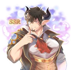Rule 34 | 1boy, absurdres, bara, barawa, black hair, black jacket, brown eyes, collared shirt, cow boy, cow horns, draph, facial hair, falling feathers, feathers, goatee, granblue fantasy, highres, horns, jacket, male focus, monocle, muscular, muscular male, open clothes, open jacket, osu (osumankokuou), pectorals, pointy ears, shirt, short hair, sleeves rolled up, smile, solo, upper body, white shirt