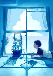 Rule 34 | 1boy, absurdres, air conditioner, balcony, black hair, blue flower, blue sky, cloud, curtains, day, electric fan, flower, highres, indoors, kanai (nai nai), lying, male focus, morning glory, on stomach, original, pencil, plant, profile, shirt, sky, solo, summer, t-shirt, tatami, trellis, upper body, vines, window