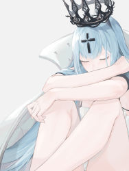 Rule 34 | 1girl, absurdly long hair, arms on knees, azur lane, bad id, bad pixiv id, blue hair, champagne (azur lane), closed eyes, commentary request, cross, cross hair ornament, crown, dress, fetal position, floating headgear, grey background, hair ornament, headgear, light blue hair, long hair, olin (nienxddd), simple background, sitting, very long hair, white dress