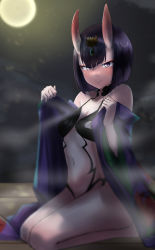 Rule 34 | 1girl, absurdres, bare shoulders, bob cut, breasts, collarbone, eyeliner, fate/grand order, fate (series), full moon, headpiece, highres, horns, japanese clothes, kimono, long sleeves, looking at viewer, makeup, moon, night, night sky, off shoulder, oni, open clothes, open kimono, purple eyes, purple hair, purple kimono, revealing clothes, short hair, shuten douji (fate), sitting, skin-covered horns, sky, small breasts, smile, solo, steam, wariza, wide sleeves, yoo tenchi