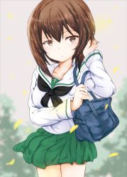 Rule 34 | 1girl, alternate costume, bag, black neckerchief, blouse, blurry, blurry background, blurry foreground, brown eyes, brown hair, carrying, closed mouth, commentary, cowboy shot, day, depth of field, girls und panzer, green skirt, hand in own hair, light frown, long sleeves, looking at viewer, miniskirt, neckerchief, nishizumi maho, ooarai school uniform, outdoors, petals, pleated skirt, school bag, school uniform, serafuku, shibagami, shirt, short hair, skirt, solo, white shirt, wind