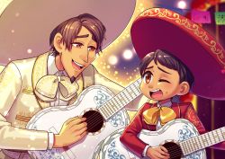 Rule 34 | 2boys, bad id, bad twitter id, black hair, bow, brown eyes, charro, coco (disney), dark-skinned male, dark skin, disney, facial hair, goatee, grandfather and grandson, guitar, hat, hector rivera, hector rivera (alive), highres, instrument, jacket, male focus, mexico, miguel rivera, multiple boys, short hair, smile, time paradox
