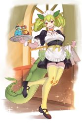 Rule 34 | 1girl, apron, black footwear, breasts, choker, dougaku (passionpit777), dragon girl, dragon horns, drill hair, duel monster, green hair, green horns, green tail, green thighhighs, green wings, highres, holding, holding plate, horns, long hair, maid, maid apron, maid headdress, medium breasts, open mouth, orange eyes, parlor dragonmaid, plate, pot of prosperity, puffy sleeves, smile, solo, tail, thighhighs, twintails, window, wings, wrist cuffs, yu-gi-oh!