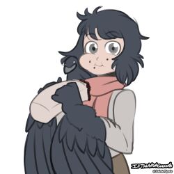 Rule 34 | 1girl, animal, animal on shoulder, artist name, bird, bird on shoulder, black feathers, black hair, black wings, burrito, commission, commissioner upload, crow, crowgirl, eating, feathered wings, feathers, food, food on face, grey eyes, harpy, highres, holding, holding food, long hair, looking at viewer, monster girl, original, red scarf, saintofspats, scarf, simple background, solo, twitter username, white background, wings