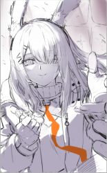 Rule 34 | 1girl, animal ears, arknights, crying, crying with eyes open, frostnova (arknights), greyscale, hair ornament, hair over one eye, hairclip, heiwari kanade, highres, jacket, long hair, long sleeves, looking at viewer, monochrome, one eye covered, open clothes, open jacket, orange ribbon, outstretched arm, rabbit ears, rabbit girl, ribbon, smile, solo, spot color, tears, turtleneck, upper body