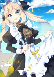 Rule 34 | 1girl, :d, ameshizuku natsuki, apron, apron basket, black bow, black dress, blonde hair, blue eyes, blue sky, bow, breasts, cloud, commentary request, day, dress, fate/grand order, fate (series), fingernails, flower, frilled apron, frills, hair bow, juliet sleeves, long hair, long sleeves, looking at viewer, marie antoinette (animejapan 2016) (fate), marie antoinette (fate), official alternate costume, open mouth, outdoors, petals, puffy sleeves, sidelocks, sky, small breasts, smile, solo, twintails, very long hair, white apron, yellow flower