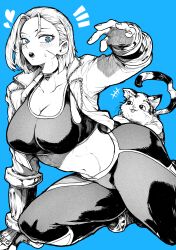 Rule 34 | 1girl, absurdres, animal, blue background, blue eyes, breasts, cammy white, cat, choker, cleavage, collarbone, commentary request, facial scar, fingernails, greyscale, greyscale with colored background, heart, highres, jacket, kneeling, large breasts, midriff, monochrome, navel, open clothes, open jacket, open mouth, pants, scar, scar on cheek, scar on face, short hair, solo, sports bra, street fighter, street fighter 6, yotsumi shiro