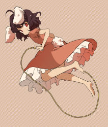 Rule 34 | 1girl, animal ears, bad id, bad pixiv id, barefoot, black hair, dress, feet, female focus, highres, inaba tewi, jump rope, jumping, looking back, o3o, rabbit ears, rabbit girl, rabbit tail, red eyes, short hair, solo, striped, striped background, tail, touhou, yuzuhara moke