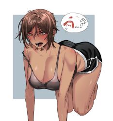 Rule 34 | 1girl, all fours, alternate costume, bare legs, bare shoulders, black shorts, blush, breasts, brown hair, camisole, cleavage, collarbone, dark-skinned female, dark skin, dolphin shorts, earrings, grey camisole, highres, huge breasts, jewelry, limbus company, nose blush, outis (project moon), project moon, rhlatm, short hair, short shorts, shorts, simple background, solo, spoken object, strap slip, sweatdrop, two-tone background