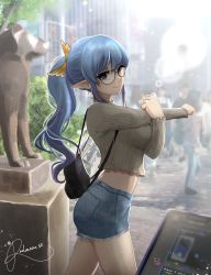 1girl, absurdres, bag, black-framed eyewear, blue eyes, blue hair, breasts, cropped sweater, crowd, day, denim, denim shorts, earrings, elf, from side, gloves, handbag, highres, jewelry, large breasts, lens flare, long hair, looking at viewer, midriff, original, pointy ears, rae laviere (artist), shorts, solo focus, stretch, tokyo (city)