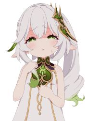 Rule 34 | 1girl, azbchan1221, blush, cross-shaped pupils, dress, genshin impact, gradient hair, green eyes, green hair, grimace, hair between eyes, hair ornament, highres, leaf hair ornament, looking at viewer, multicolored hair, nahida (genshin impact), open mouth, pointy ears, side ponytail, sidelocks, solo, symbol-shaped pupils, white dress, white hair