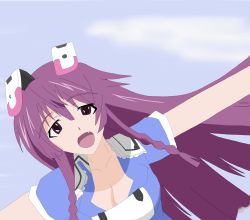 Rule 34 | 10s, 1girl, animal ears, black eyes, braid, breasts, cleavage, dress, fang, female focus, gradient background, happy, infinite stratos, long hair, looking at viewer, open mouth, outdoors, purple hair, rabbit ears, shinonono tabane, sky, smile, solo, twin braids, upper body