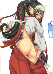 Rule 34 | 00s, 2girls, ass, black hair, cleft of venus, dyed bangs, echidna (queen&#039;s blade), echidna (queen's blade), eiwa, f.s., fat mons, female focus, fire, from behind, hakama, hakama skirt, headband, highres, huge ass, japanese clothes, lipstick, long hair, long sleeves, looking back, low-tied long hair, makeup, miko, multicolored hair, multiple girls, musha miko tomoe, naughty face, no panties, ofuda, open mouth, ponytail, profile, purple eyes, pussy, queen&#039;s blade, red eyes, red hakama, red headband, ribbon-trimmed sleeves, ribbon trim, sidelocks, silver hair, skirt, snake, sword, tearing clothes, thigh gap, thighs, third-party edit, tomoe (queen&#039;s blade), tomoe (queen's blade), torn clothes, two-tone hair, uncensored, veteran mercenary echidna, wardrobe malfunction, weapon