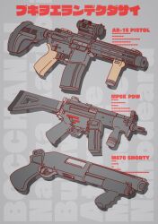 Rule 34 | absurdres, ar-15, bocchi-ya-nawi, commentary, commentary request, drop shadow, english commentary, folding stock, foregrip, grey theme, gun, h&amp;k mp5k, highres, limited palette, mixed-language commentary, no humans, optical sight, original, perspective, pump action, remington 870, rifle, shotgun, still life, submachine gun, text background, translated, vertical foregrip, weapon, weapon focus, weapon name