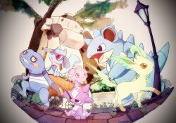 Rule 34 | brown eyes, carriage, claws, commentary request, creatures (company), croagunk, espurr, fireblast, game freak, gen 1 pokemon, gen 4 pokemon, gen 6 pokemon, gen 8 pokemon, highres, lamppost, leafeon, nidoqueen, nintendo, no humans, open mouth, outdoors, pokemon, pokemon (creature), red eyes, riolu, sitting, smile, spikes, stonjourner, tail, teeth, toxel, tree, walking, yellow eyes