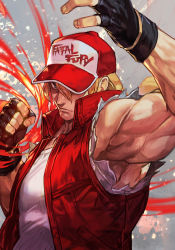 Rule 34 | 1boy, baseball cap, blonde hair, blue eyes, denim, fatal fury, fingerless gloves, gloves, hat, hungry clicker, jacket, long hair, looking at viewer, male focus, muscular, ponytail, simple background, smile, snk, solo, terry bogard, the king of fighters, vest