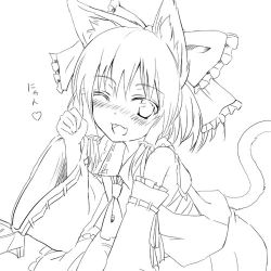Rule 34 | 1girl, animal ears, blush, bow, cat ears, cat girl, cat tail, detached sleeves, female focus, gotyou, greyscale, hair bow, hakurei reimu, japanese clothes, kemonomimi mode, large bow, leaning forward, lowres, miko, monochrome, nyan, one eye closed, paw pose, skirt, solo, tail, touhou, white background, wink