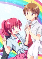 Rule 34 | 10s, 1boy, 1girl, aino megumi, blush, brown eyes, brown hair, couple, eyelashes, happinesscharge precure!, happy, hetero, highres, kousetsu, long hair, looking at another, open mouth, pink eyes, pink hair, precure, red shirt, sagara seiji, shirt, short hair, skirt, smile, thighhighs, thighs, white thighhighs
