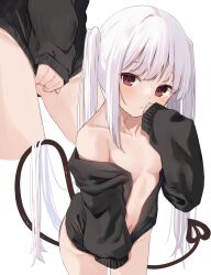 Rule 34 | 1girl, absurdres, black jacket, blush, breasts, closed mouth, clothes tug, commentary request, demon tail, gluteal fold, hand up, highres, hood, hood down, hooded jacket, jacket, long hair, long sleeves, looking at viewer, memekko, multiple views, navel, off shoulder, open clothes, open jacket, original, puffy long sleeves, puffy sleeves, red eyes, simple background, sleeves past wrists, small breasts, tail, twintails, very long hair, white background, white hair