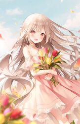 Rule 34 | 1girl, :d, blue sky, blush, breasts, cleavage, cloud, day, dress, falling petals, feet out of frame, floating hair, flower, frilled dress, frills, grey hair, highres, holding, holding flower, long bangs, long hair, looking at viewer, hugging object, off-shoulder dress, off shoulder, open mouth, original, outdoors, petals, pink flower, pink tulip, raised eyebrows, red eyes, red flower, red tulip, sidelocks, sky, small breasts, smile, solo, tulip, weri, white dress, yellow flower, yellow tulip