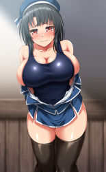 Rule 34 | 1girl, absurdres, beret, black hair, black one-piece swimsuit, black thighhighs, blue hat, blue skirt, blush, breasts, cleavage, collarbone, competition swimsuit, embarrassed, hat, highres, kantai collection, large breasts, military uniform, miniskirt, one-piece swimsuit, red eyes, short hair, sideboob, skirt, solo, standing, sweatdrop, swimsuit, takao (kancolle), thighhighs, undressing, uniform, zanntetu