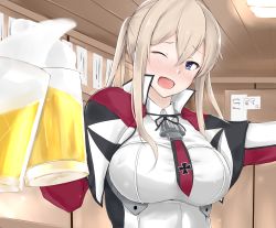 Rule 34 | 10s, 1girl, anchor, beer mug, blonde hair, blue eyes, blush, breasts, capelet, ceiling, cross, cup, graf zeppelin (kancolle), hair between eyes, highres, impossible clothes, indoors, iron cross, jacket, kantai collection, large breasts, long hair, looking at viewer, maruyaa (malya1006), mug, necktie, one eye closed, open mouth, red necktie, solo, toasting (gesture), twintails, upper body, white jacket