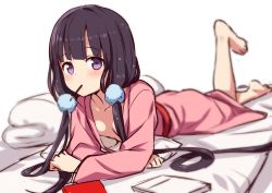 Rule 34 | 1girl, barefoot, blend s, blunt bangs, blurry, blurry background, blush, breasts, commentary request, depth of field, food, hiraga matsuri, japanese clothes, kimono, long hair, long sleeves, looking at viewer, low twintails, lying, mouth hold, naked kimono, no bra, on stomach, pocky, purple eyes, purple hair, sakuranomiya maika, simple background, small breasts, solo, towel, twintails, very long hair, white background