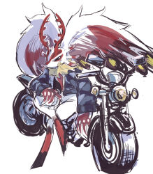 antlers black_sclera chaos_elfilis colored_sclera fecto_elfilis full_body furry horns inkyo_sosui jacket kirby_(series) kirby_and_the_forgotten_land motor_vehicle motorcycle nintendo open_clothes open_jacket simple_background sitting sketch solo white_background white_fur wing_ears yellow_fur