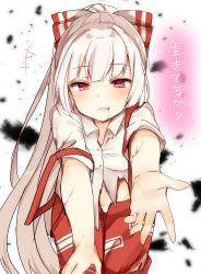 Rule 34 | bent over, blood, blush, bow, buttons, collared shirt, fujiwara no mokou, grin, hair bow, highres, hime cut, karasusou nano, long hair, looking at viewer, ofuda, outstretched hand, panties, pants, panty peek, ponytail, red eyes, red pants, shirt, short sleeves, smile, standing, suspenders, torn clothes, torn legwear, torn shirt, touhou, translation request, underwear, very long hair, white hair, white panties, white shirt