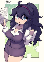 Rule 34 | 1girl, ahoge, alternate breast size, alternate costume, black hair, blue eyes, blush, border, breasts, buttons, character print, chichibu (watson), collared shirt, commentary request, creatures (company), game freak, gen 1 pokemon, gen 7 pokemon, gengar, hair between eyes, hairband, hex maniac (pokemon), highres, holding, holding paper, large breasts, long hair, long sleeves, looking at viewer, mimikyu, miniskirt, nintendo, office lady, open mouth, paper, pokemon, pokemon xy, ponytail, purple hairband, purple skirt, purple vest, shirt, signature, skirt, solo, v-neck, vest, white border, white shirt