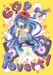 Rule 34 | 1girl, barefoot, baseball cap, blue eyes, blue hair, blue skirt, bracelet, debt, drawstring, english text, eyewear on head, full body, ginbuchi, grey hoodie, half-closed eyes, hat, highres, holding, holding microphone, hood, hoodie, jewelry, long hair, looking at viewer, microphone, multicolored hair, open mouth, red hat, short sleeves, skirt, solo, speaker, standing, star (symbol), sunglasses, sweatdrop, touhou, two-tone hair, yellow background, yorigami shion