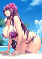 Rule 34 | 1girl, alternate costume, bikini, blue sky, bracelet, breasts, brown eyes, chain, cleavage, closed mouth, cloud, cloudy sky, collarbone, commentary request, day, fate/grand order, fate (series), flower, hair between eyes, hair flower, hair ornament, hakai shin, hibiscus, highres, jewelry, large breasts, long hair, looking at viewer, navel, outdoors, pool, purple bikini, purple hair, purple sarong, red eyes, sarong, scathach (fate), scathach (fate/grand order), scathach (swimsuit assassin) (fate), skindentation, sky, smile, solo, standing, swimsuit, water, wet