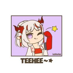 Rule 34 | 1girl, arknights, artist name, border, chibi, dragon girl, dragon horns, english text, horns, kuhl-notes, nian (arknights), one eye closed, pointy ears, purple background, simple background, solo, tehepero, upper body, white border