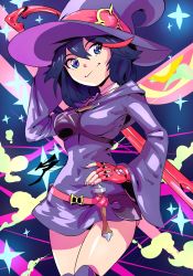 Rule 34 | 1girl, aetherion, belt, black hair, blue eyes, breasts, commentary, company connection, cosplay, covered navel, dress, fingerless gloves, gloves, hair between eyes, hand on own hip, hat, highres, hood, hood down, kill la kill, legs together, light smile, little witch academia, long sleeves, luna nova school uniform, matoi ryuuko, medium breasts, muneate, over-kneehighs, over shoulder, red gloves, school uniform, scissor blade (kill la kill), senketsu, short dress, single glove, solo, standing, symbol-shaped pupils, thighhighs, thighs, trigger (company), wand, weapon, weapon over shoulder, witch hat