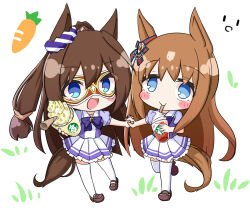 Rule 34 | 2girls, animal ears, blue eyes, blush stickers, bow, brown footwear, brown hair, chibi, commentary request, cup, drinking straw, el condor pasa (umamusume), eye mask, frilled skirt, frills, grass wonder (umamusume), hair between eyes, holding, holding cup, horse ears, horse girl, horse tail, komakoma (magicaltale), multiple girls, pleated skirt, ponytail, puffy short sleeves, puffy sleeves, purple bow, purple shirt, school uniform, shirt, shoes, short sleeves, simple background, skirt, tail, thighhighs, tracen school uniform, umamusume, white background, white skirt, white thighhighs