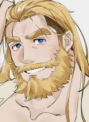 Rule 34 | 1boy, absurdres, alternate hairstyle, bara, beard, bergamond (crave saga), collarbone, crave saga, eyebrow cut, facial hair, full beard, grin, hand on own head, head tilt, highres, huge eyebrows, long hair, looking at viewer, male focus, mature male, muscular, muscular male, open clothes, open shirt, playing with own hair, portrait, protected link, smile, solo, teeth, thick beard, thick eyebrows, thick mustache, undercut, usuki (usukine1go)