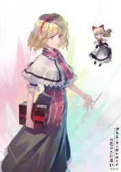 Rule 34 | 1girl, abstract background, alice margatroid, apron, arms at sides, blonde hair, blue dress, blue eyes, book, capelet, character name, commentary, cropped legs, dated, dress, floating, frilled ribbon, frills, grimoire of alice, hairband, highres, holding, holding book, jewelry, long hair, looking at viewer, multicolored background, puffy short sleeves, puffy sleeves, puppet rings, puppet strings, red neckwear, ribbon, riki6, ring, sash, shanghai doll, short hair, short sleeves, skirt hold, solo, standing, touhou, translation request, waist apron, white capelet