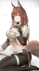 Rule 34 | 1girl, absurdres, animal ears, arknights, black choker, black pants, breasts, brown hair, choker, commentary request, crop top, fox ears, franka (arknights), franka (rainforest me rainbow) (arknights), grey shirt, hand on own chest, highres, large breasts, leggings, long hair, long sleeves, looking at viewer, midriff, navel, no shoes, nopetroto, official alternate costume, pants, seiza, shirt, sitting, solo, stomach, thigh strap, thighs, very long hair, yellow eyes