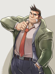 Rule 34 | 1boy, ace attorney, bandaid, bandaid on face, bara, brown hair, bunta ru, coat, cowboy shot, denim, dick gumshoe, facial hair, green coat, grey shirt, hand in pocket, highres, jeans, male focus, muscular, muscular male, necktie, object behind ear, open clothes, open coat, pants, pencil, pointing, pointing at self, red necktie, salaryman, shirt, short hair, smile, solo, stubble