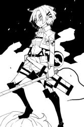 Rule 34 | 1girl, belt, boots, breasts, closed mouth, dowman sayman, emblem, glasses, greyscale, holding, holding sword, holding weapon, knee boots, monochrome, pants, paradis military uniform, rico brzenska, shingeki no kyojin, short hair, solo, sword, thick eyebrows, thigh strap, three-dimensional maneuver gear, weapon, wire