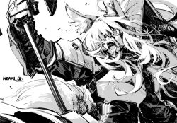 Rule 34 | 1girl, animal ears, arknights, armor, axe, blood, blood on face, breastplate, character name, greyscale, headset, long hair, monochrome, nearl (arknights), sasami (ki), screaming, solo, tail