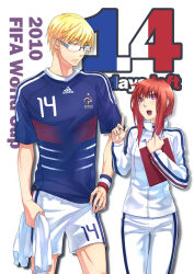 Rule 34 | 1boy, 1girl, 2010 fifa world cup, bad id, bad pixiv id, bliss (ferment factory), blonde hair, france, glasses, highres, original, pink eyes, red hair, short hair, shorts, world cup, yellow eyes