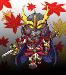 Rule 34 | 1boy, armor, artist request, cape, chain, digimon, digimon (creature), full armor, full body, highres, holding, holding sword, holding weapon, leaf, samurai, solo, sword, tactimon, walking, weapon
