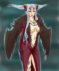 Rule 34 | 1990s (style), 1girl, black wings, breasts, cleavage, dissidia final fantasy, dress, facial mark, female focus, final fantasy, final fantasy viii, gradient background, jewelry, large breasts, legs, lips, lipstick, long hair, ma chi zou, makeup, necklace, pointy ears, retro artstyle, silver hair, solo, thighs, ultimecia, wings, yellow eyes
