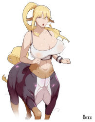 Rule 34 | 1girl, animal ears, bare arms, bare shoulders, bike shorts, blonde hair, bouncing breasts, breasts, centaur, centorea shianus, cleavage, commentary, covered erect nipples, crossed bangs, english commentary, hair between eyes, highres, horse ears, huge breasts, long hair, looking at viewer, materclaws, monster girl, monster musume no iru nichijou, motion lines, parted lips, ponytail, purple eyes, running, signature, simple background, skin tight, solo, taur, white background
