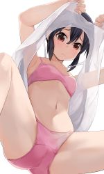 Rule 34 | 1girl, bra, breasts, closed mouth, clothes lift, from below, highres, hiroki (yyqw7151), k-on!, lifting own clothes, long hair, looking at viewer, looking down, nakano azusa, navel, panties, pink bra, pink panties, red eyes, shirt, shirt lift, simple background, small breasts, solo, thighs, twintails, underwear, upshirt, white background, white shirt