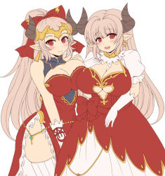 Rule 34 | 2girls, afuro, alicia (granblue fantasy), aliza (granblue fantasy), asymmetrical docking, bow, breast press, breasts, bridal gauntlets, center opening, cleavage, cleavage cutout, clothing cutout, cross, cross earrings, draph, dress, earrings, elbow gloves, eyebrows, forehead protector, gloves, granblue fantasy, hair bow, headpiece, horns, jewelry, large breasts, long hair, looking at viewer, mother and daughter, multiple girls, pointy ears, ponytail, puffy short sleeves, puffy sleeves, red bow, red dress, red eyes, ribbon, short sleeves, silver hair, skindentation, smile, thighhighs, very long hair, white gloves, white legwear, wrist cuffs, zettai ryouiki