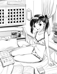 Rule 34 | 1000, 1girl, bed, book, bra, greyscale, lace, lace-trimmed panties, lace trim, lingerie, monochrome, original, panties, print panties, short hair, short twintails, sitting, solo, twintails, underwear, underwear only